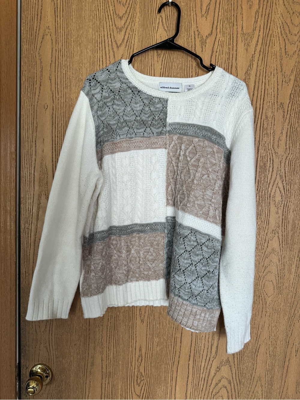 Alfred Dunner Cream, Taupe & Gray Patchwork Cable Crewneck Sweater